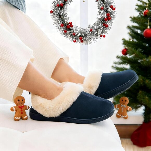 Women's Navy Blue Warm Winter Velvet Fuzzy Collar House Slippers Bootie Shoes - Picture 2 of 6